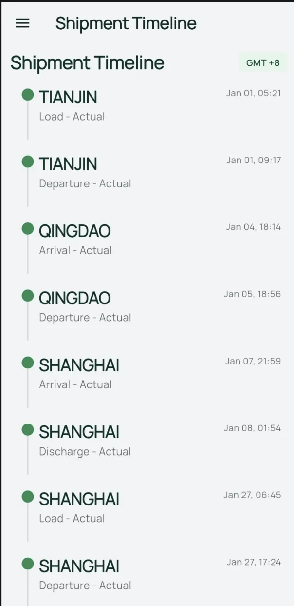 Mobile shipment timeline screen